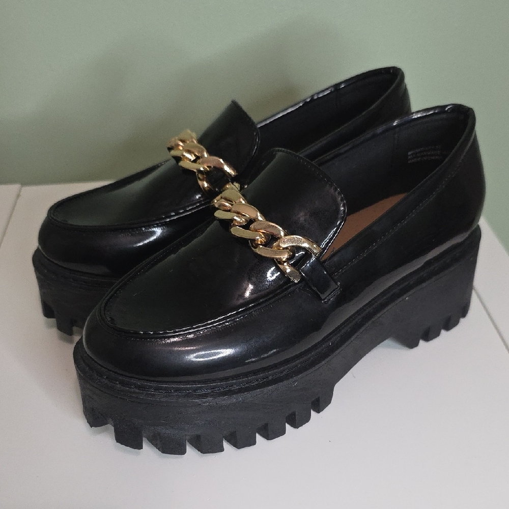 Black Platform Loafers with Gold Chain